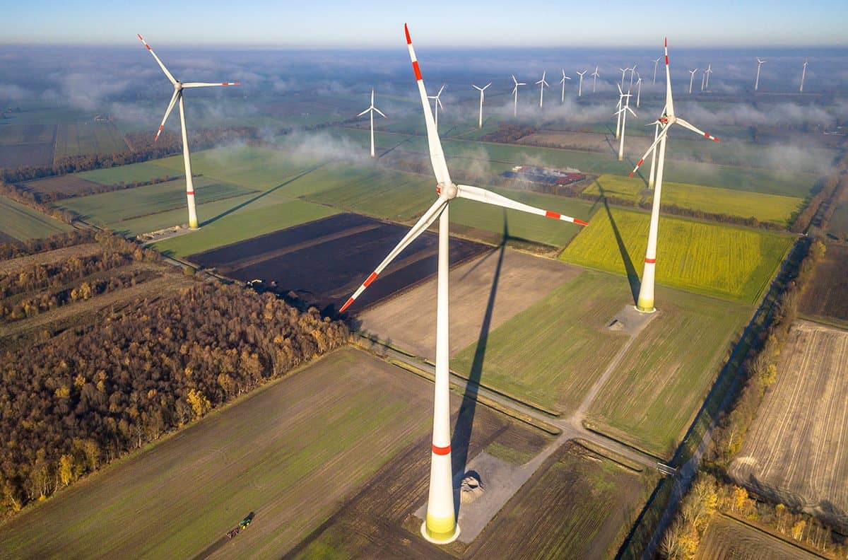 Aerial view of wind turbines