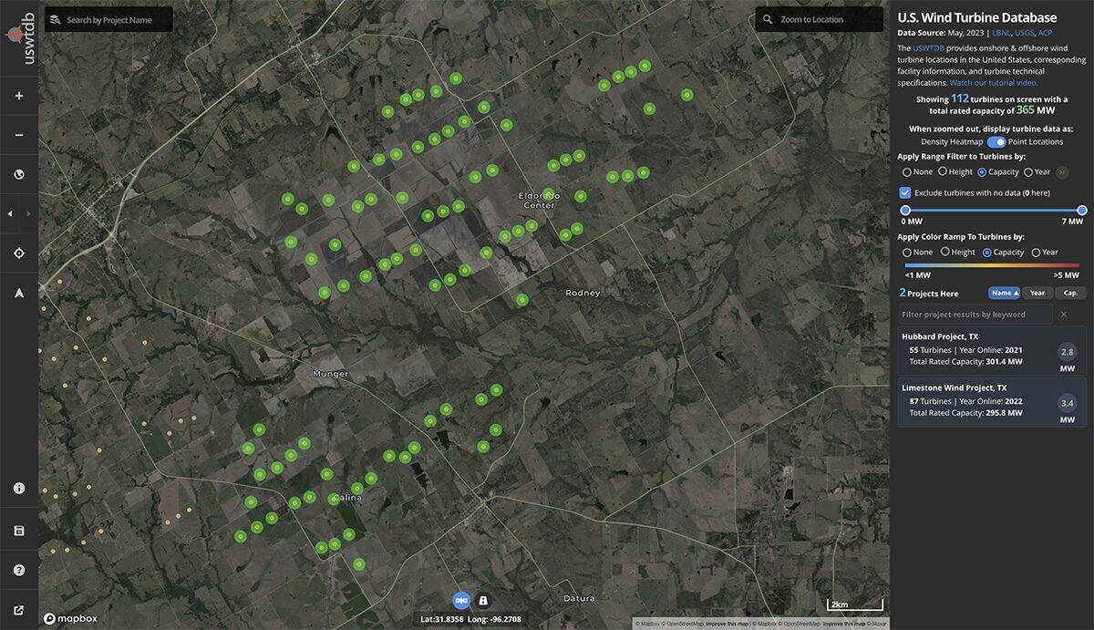 turbine-database-texas Map showing the distribution of wind turbine projects near Munger, Texas, with highlighted turbine locations and project details from the U.S. Wind Turbine Database, May 2023. Features include Hubbard and Limestone wind projects with capacity and operational data.