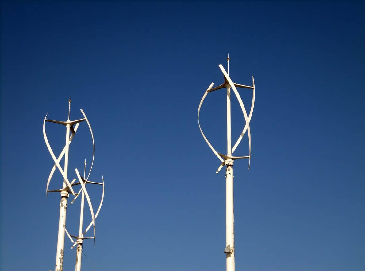 a group of small vertical darrieus type wind turbines against a blue sky