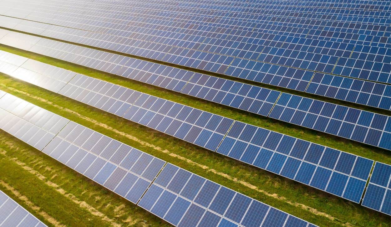 Rows of solar panels on a solar farm