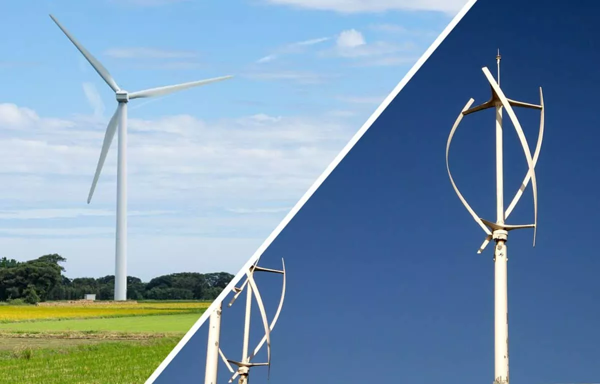 Large horizontal axis wind turbine in a green field under a blue sky on the left, vertical axis wind turbine against a clear blue sky on the right.