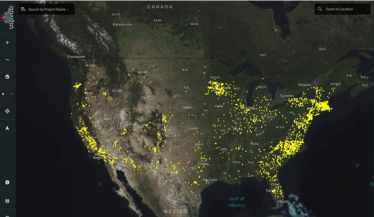 U.S. Solar Photovoltaic Database displaying solar farms in the United States 8