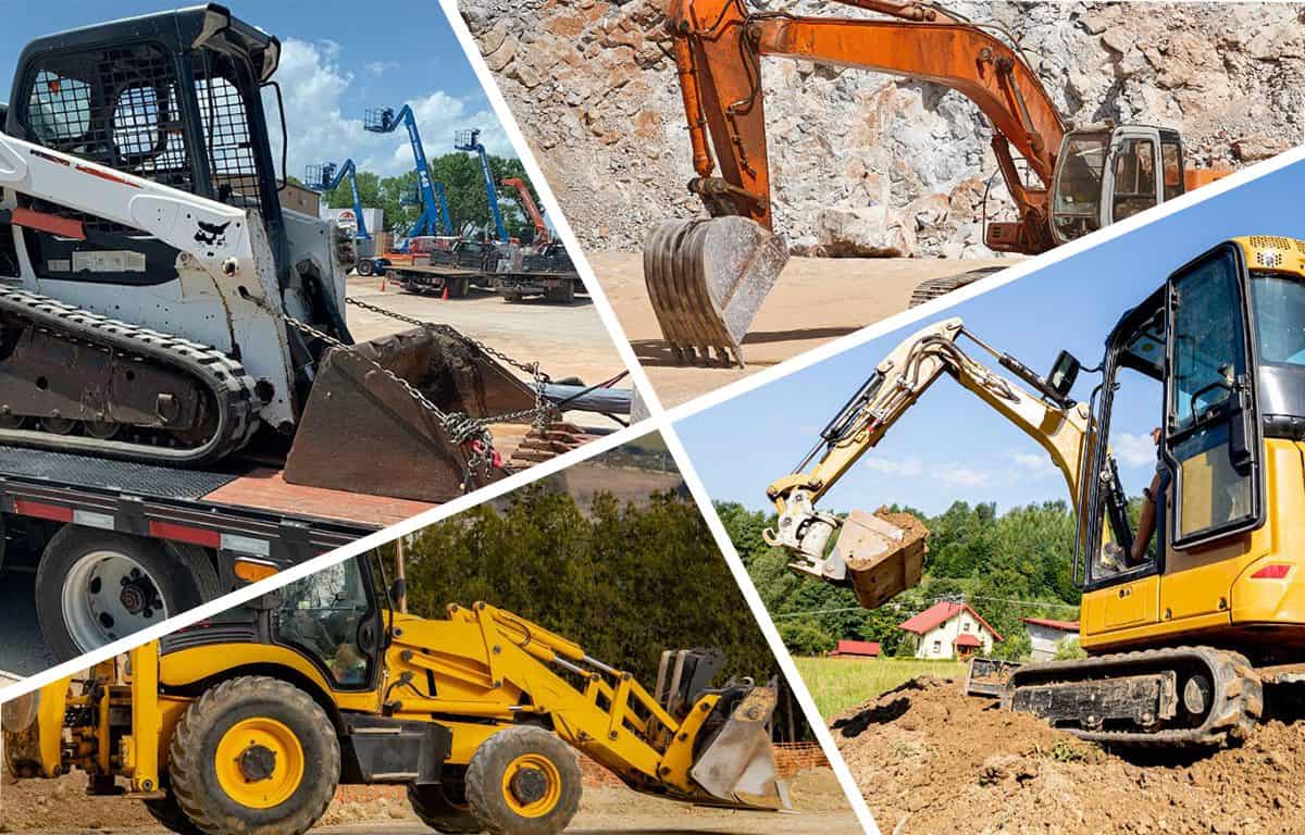 Collage of construction machinery featuring a skid steer loader on a trailer, an orange excavator at a rocky site, and a yellow backhoe loader preparing land in a rural setting.