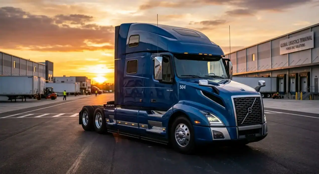 A sleek, modern blue semi-truck tractor cab without a trailer, parked in a logistics terminal during golden hour to illustrate the 'power only' trucking model.
