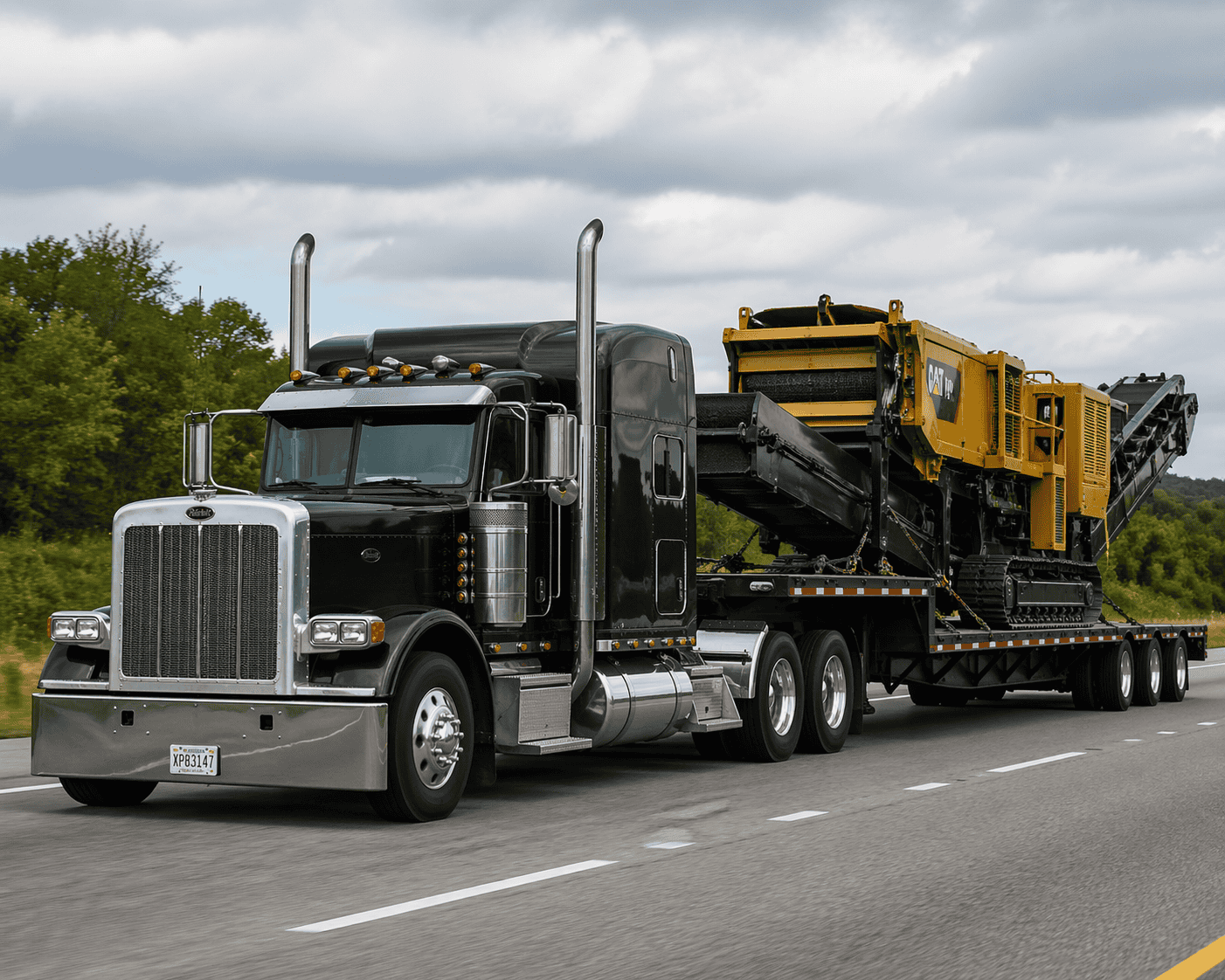 Black semi-truck hauling industrial equipment on flatbed.