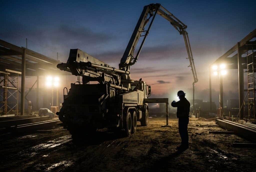 Construction site at dusk with equipment silhouettes.