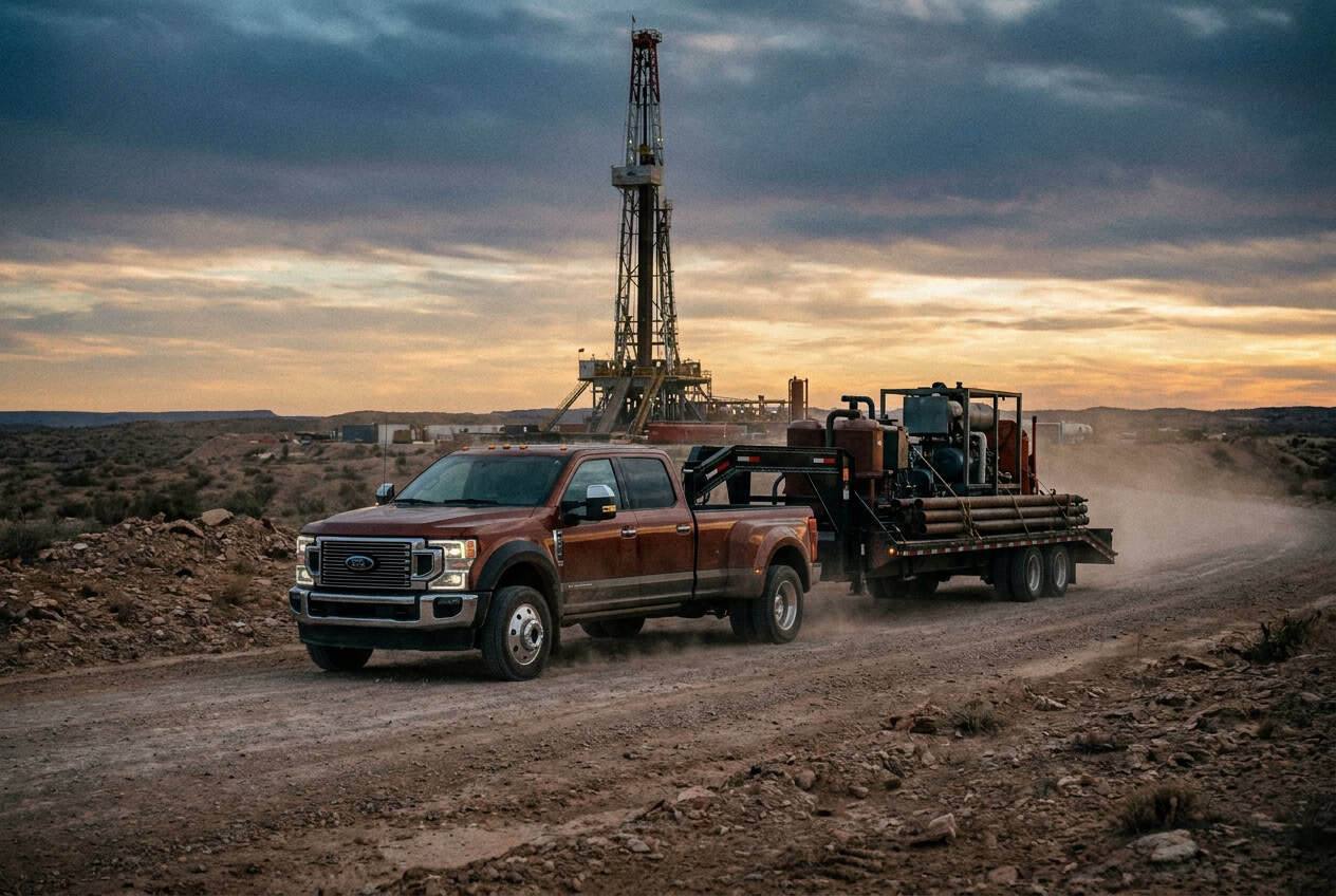 Pickup vehicle for oilfield trucking near oil rig at sunset.