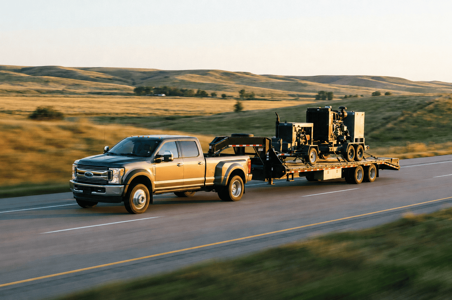 Hotshot truck towing equipment on highway with scenic landscape background.